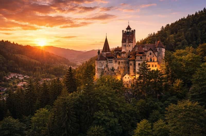Castelul Bran la apus, în lumina aurie a serii.